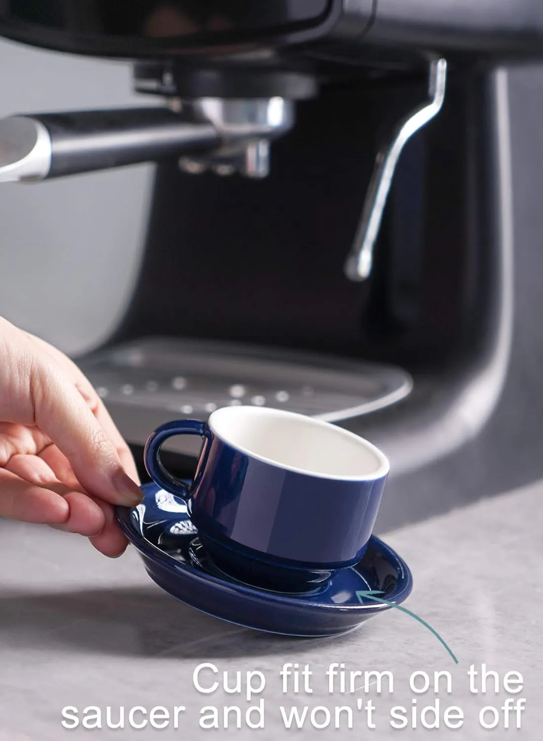 Sweese 2.5 Ounce Porcelain Stackable Espresso Cups with Saucers and Metal Stand Set of 4, Navy