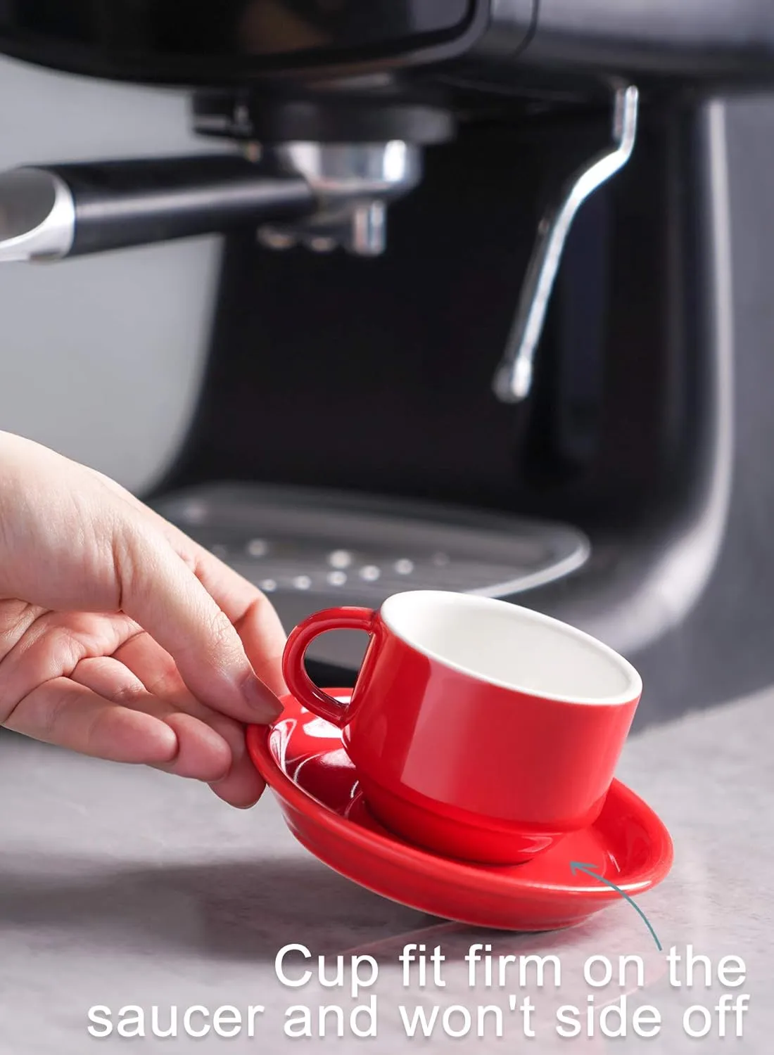 Sweese 2.5 Ounce Porcelain Stackable Espresso Cups with Saucers and Metal Stand Set of 4, Red
