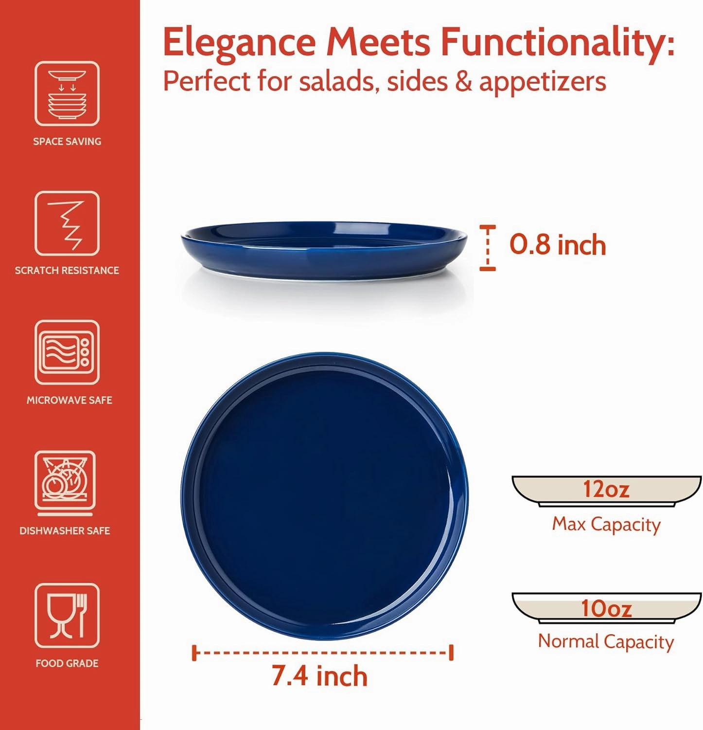 Sweese Porcelain 7.4 Inch Dessert Plates Set of 6 - Salad Modern Appetizer Plates - Dishwasher, Microwave, Oven Safe, Smooth Glaze, Scratch Resistant