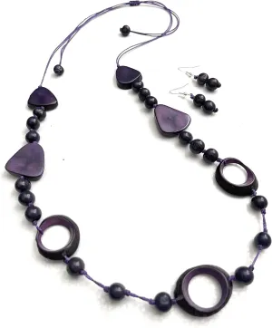 Tagua necklace and earrings TAG670, long tagua nut necklace set in purple, organic statement Necklace