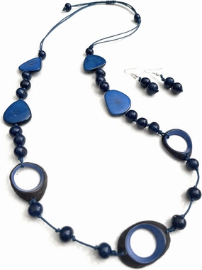 Tagua Necklace & Earrings, Long Tagua Nut Necklace Set in Blue, Vegetable Ivory Necklace. Statement Necklace, Organic Jewelry in Royal, Navy Blue, TAG670B