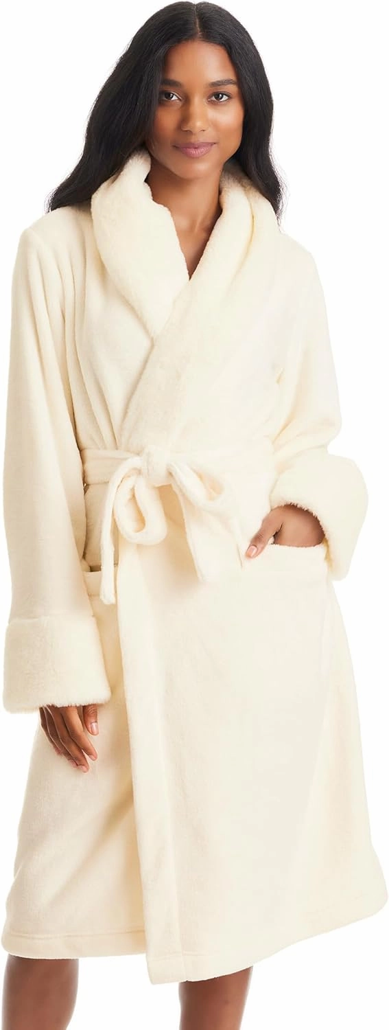 TAHARI Womens Plush Velour Bathrobe with Faux Fur Trim - Plush Robes for Women
