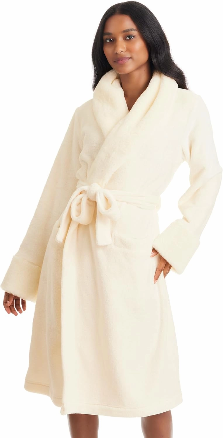 TAHARI Womens Plush Velour Bathrobe with Faux Fur Trim - Plush Robes for Women