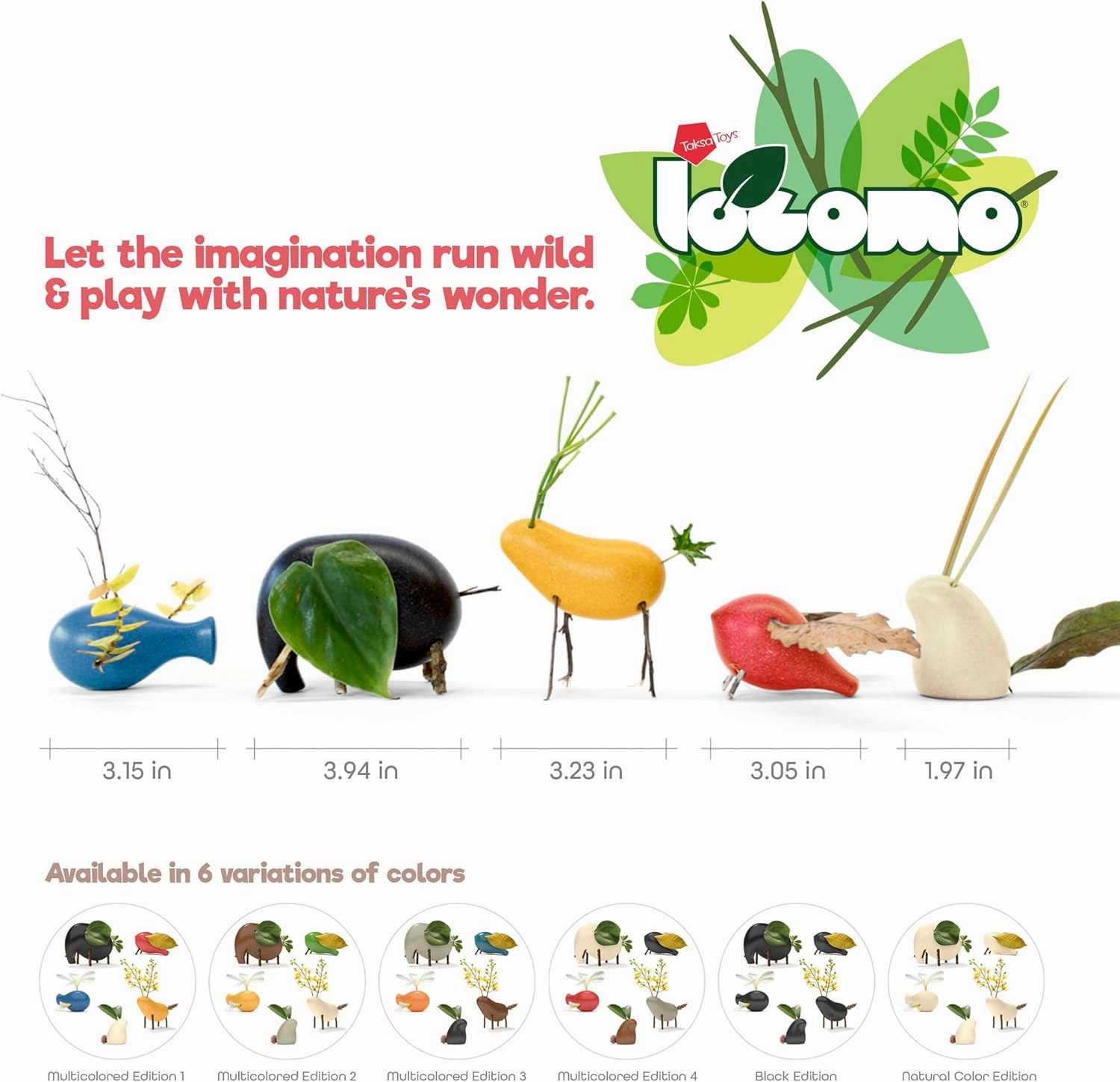 Taksa Toys Wooden Animal Figures Locomo Family III for Nature-Loving Kids, Trigger Boys Girls Creativity, Sensory Outdoor Toys for Ages 3 4 5 6 7  Year Old, Waldorf Montessori Toy (Set of 5)