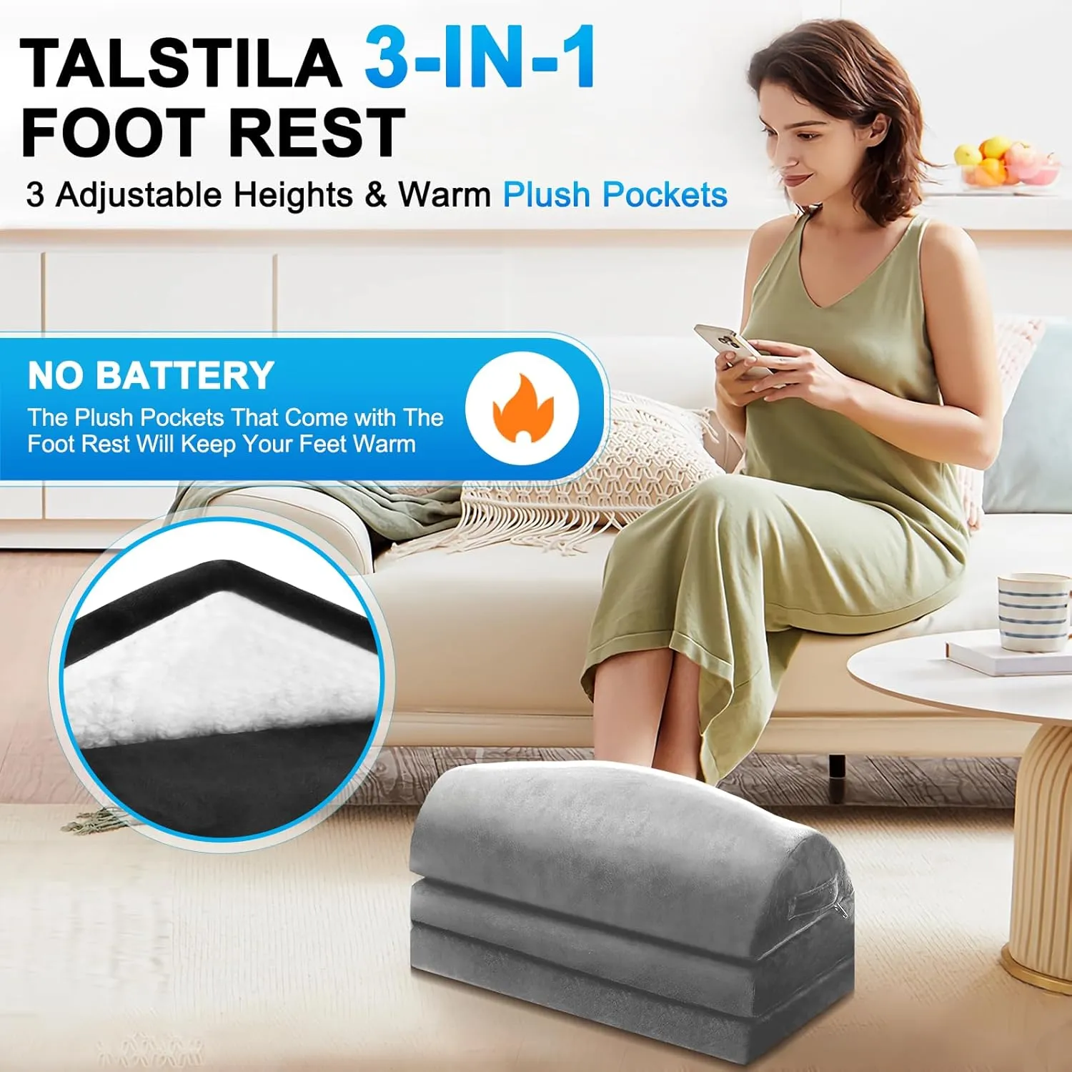 TALSTILA Foot Rest for Under Desk at Work, Under Desk Footrest, Ergonomic 3 Adjustable Heights Footrests, Footrest with Feet Warm Pocket, for Office Desks & Office Chair - Back & Leg Hip Pain Relief