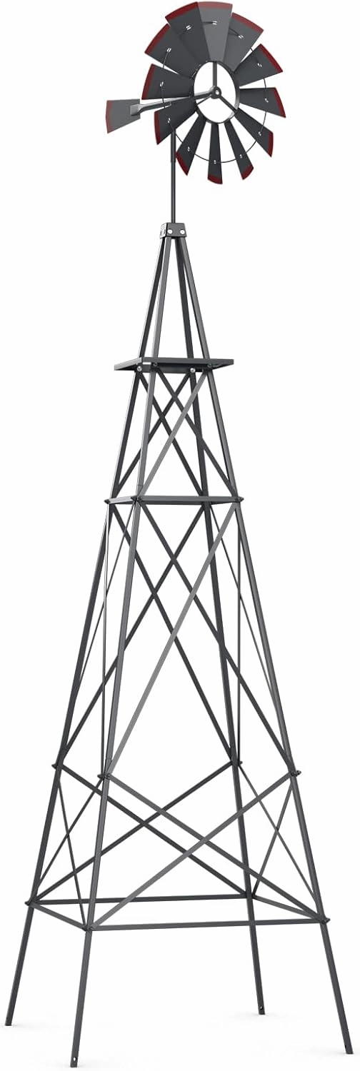Tangkula 8.3FT Windmill Yard Garden Metal Ornamental Wind Mill Weather Vane Weather Resistant (Grey)