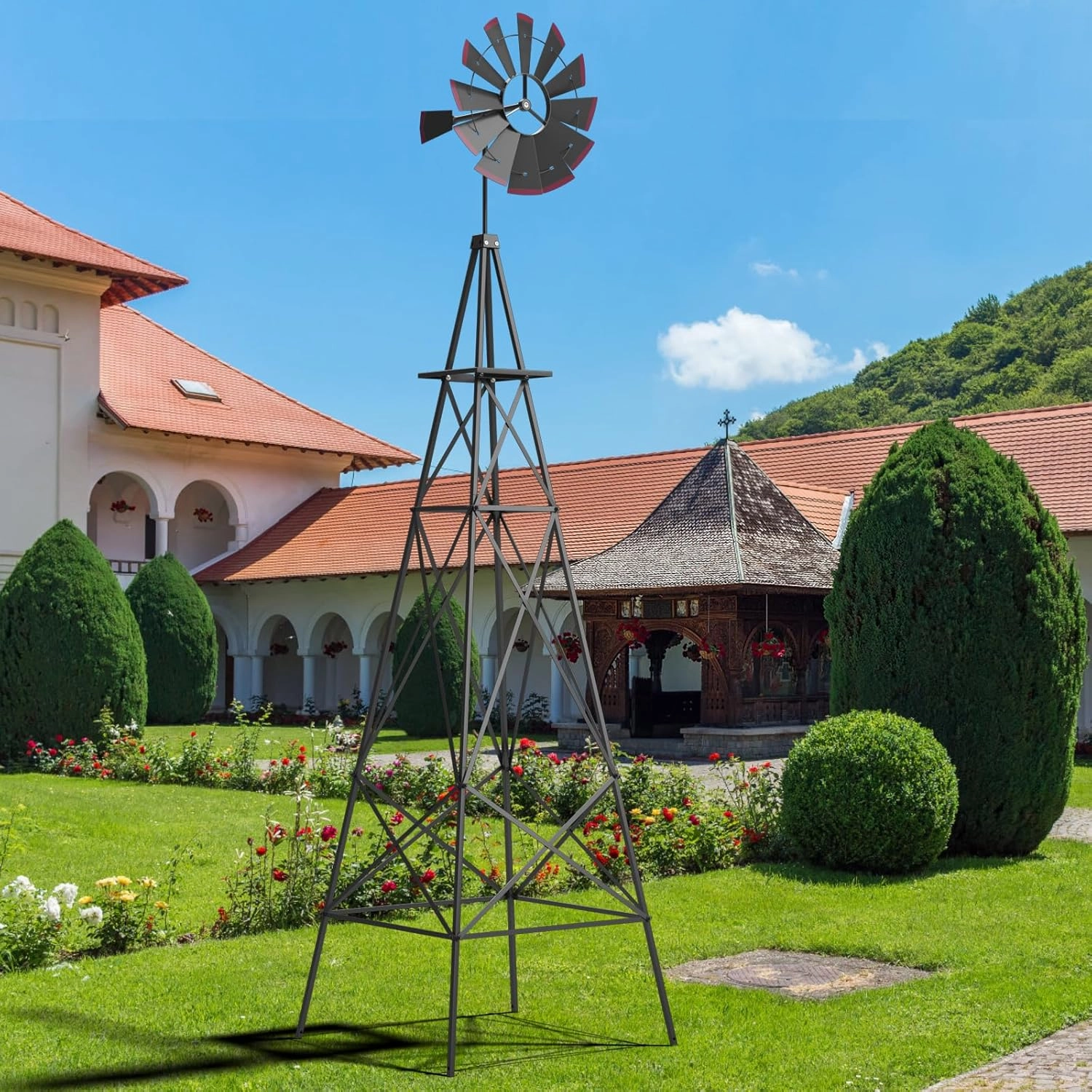 Tangkula 8.3FT Windmill Yard Garden Metal Ornamental Wind Mill Weather Vane Weather Resistant (Grey)