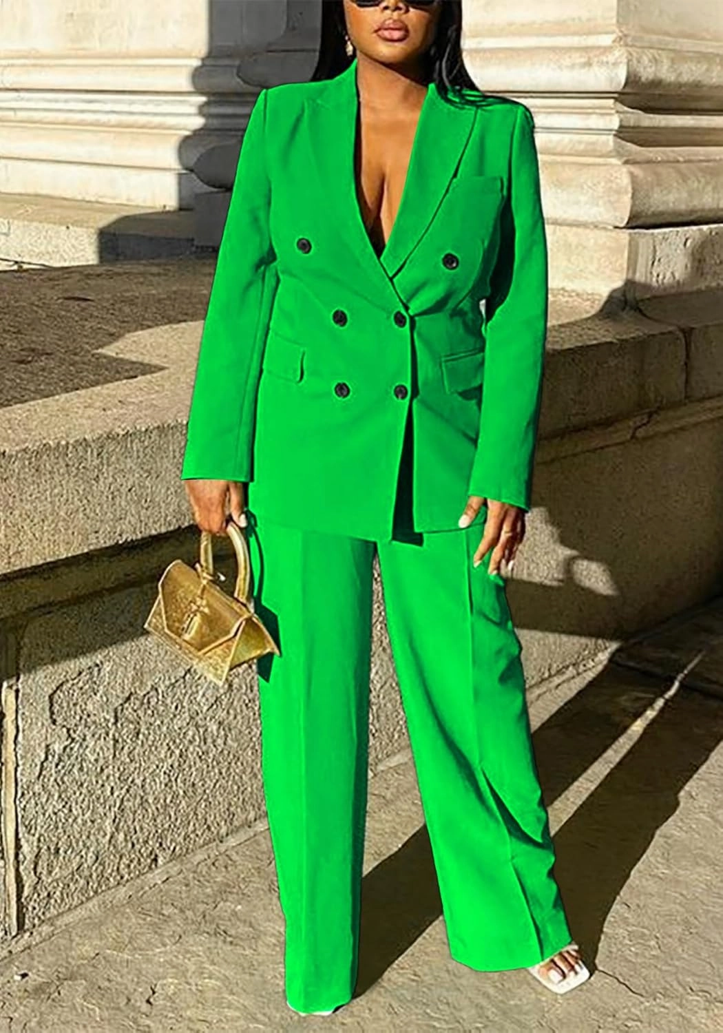 Tcremisa Women's Fashion Pants Suit 2 Piece Business Outfits Casual Double Breasted Blazer and Pant Sets