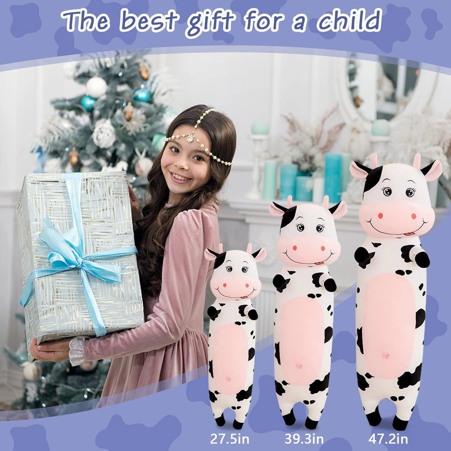 TEFU Lovely Creative Milk Cow Plush Pillow Toys Soft Stuffed Cartoon Animal Cattle Doll Bedroom Sleeping Pillow Cushion,Gifts for Friends Kids (70cm/27.5in)