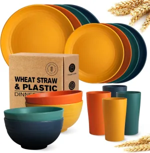 Teivio 16-Piece Kitchen Plastic Wheat Straw Dinnerware Set, Service for 4, Dinner Plates, Dessert Plate, Cereal Bowls, Cups, Unbreakable Plastic Outdoor Camping Dishes, Autumn Multicolor