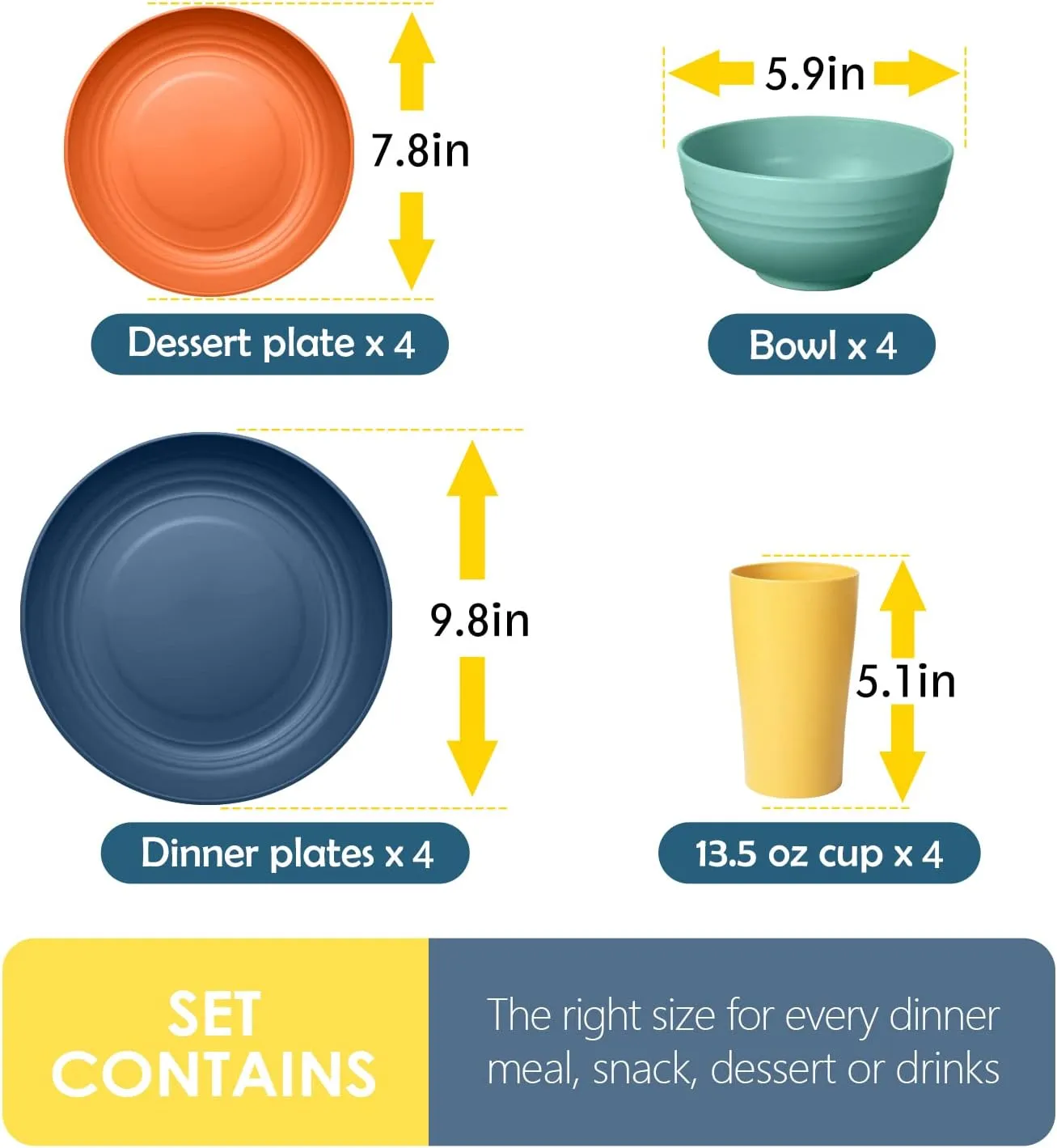 Teivio 16-Piece Kitchen Plastic Wheat Straw Dinnerware Set, Service for 4, Dinner Plates, Dessert Plate, Cereal Bowls, Cups, Unbreakable Plastic Outdoor Camping Dishes, Autumn Multicolor