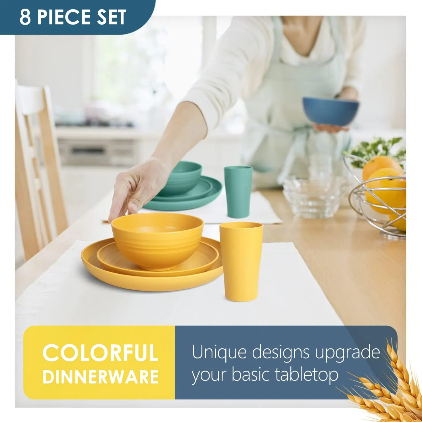 Teivio 16-Piece Kitchen Plastic Wheat Straw Dinnerware Set, Service for 4, Dinner Plates, Dessert Plate, Cereal Bowls, Cups, Unbreakable Plastic Outdoor Camping Dishes, Autumn Multicolor