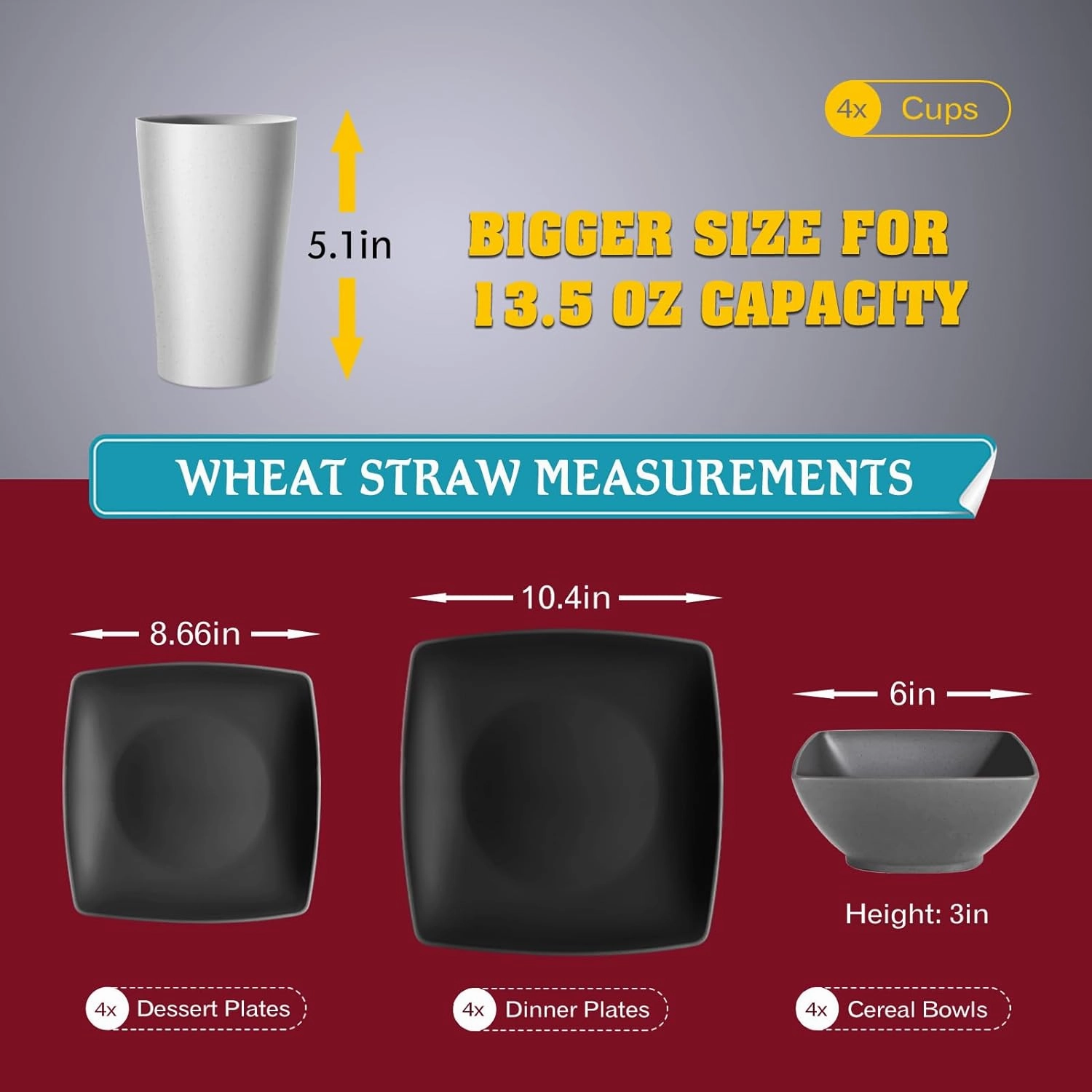 Teivio 16-piece Plastic Wheat Straw Square Dinnerware Set for 4, Unbreakable Dinner Plates, Salad Plates, Snack Bowls, Tumblers 20 oz, Dishwasher Safe, Gray Ombre