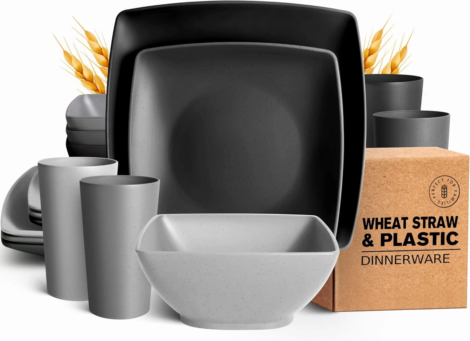 Teivio 16-piece Plastic Wheat Straw Square Dinnerware Set for 4, Unbreakable Dinner Plates, Salad Plates, Snack Bowls, Tumblers 20 oz, Dishwasher Safe, Gray Ombre