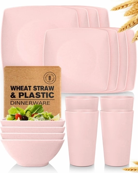 Teivio 16-piece Plastic Wheat Straw Square Dinnerware Set for 4, Unbreakable Dinner Plates, Salad Plates, Snack Bowls, Tumblers 20 oz, Dishwasher Safe, Pink