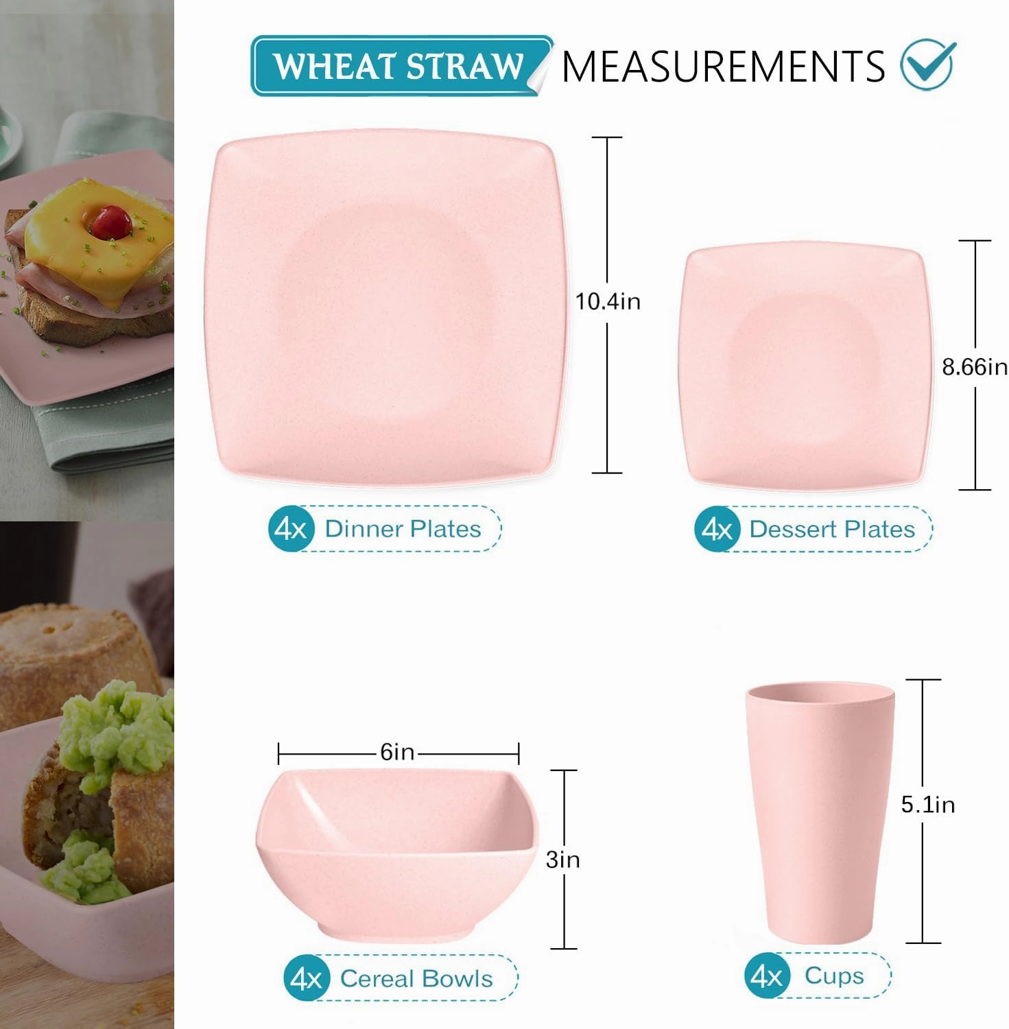 Teivio 16-piece Plastic Wheat Straw Square Dinnerware Set for 4, Unbreakable Dinner Plates, Salad Plates, Snack Bowls, Tumblers 20 oz, Dishwasher Safe, Pink
