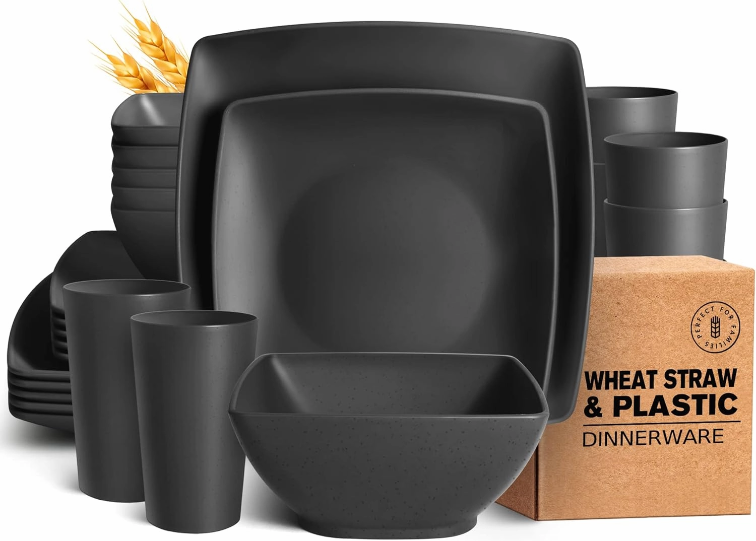 Teivio 24-piece Plastic Wheat Straw Square Dinnerware Set for 6, Unbreakable Dinner Plates, Salad Plates, Snack Bowls, Tumblers 13.5 oz, Dishwasher Safe, Black