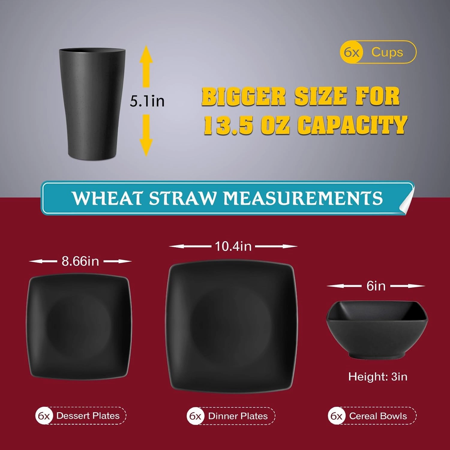 Teivio 24-piece Plastic Wheat Straw Square Dinnerware Set for 6, Unbreakable Dinner Plates, Salad Plates, Snack Bowls, Tumblers 13.5 oz, Dishwasher Safe, Black