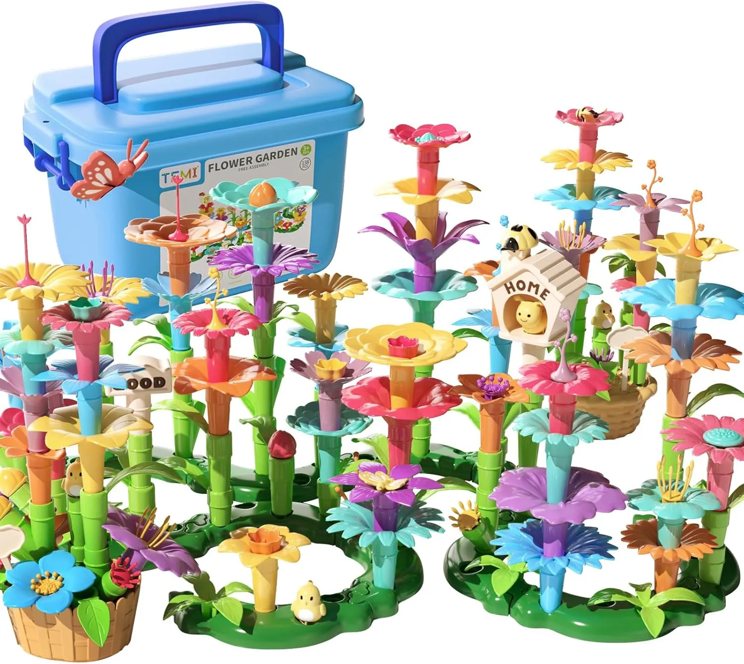TEMI 138 PCS Flower Garden Building Toys for Girls Toys, Educational STEM Toy and Preschool Garden Play Set for Toddlers 3 4 5 6 7 8 Year Old Kids Boys Girls, Flower Stacking Toys for Kids Age 3-6