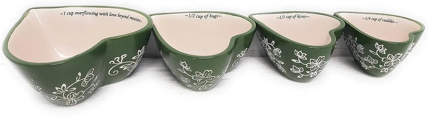 Temp-tations Nesting Measuring Cup and Measuring Spoon Set, Ceramic (Heart, Floral Lace Red)