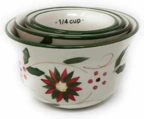 Temp-tations Bell Shaped Nesting Measuring Cup Set,Stoneware (Vivid Old World Poinsettia),1 cup,1/2 cup,1/3 cup,1/4 cup