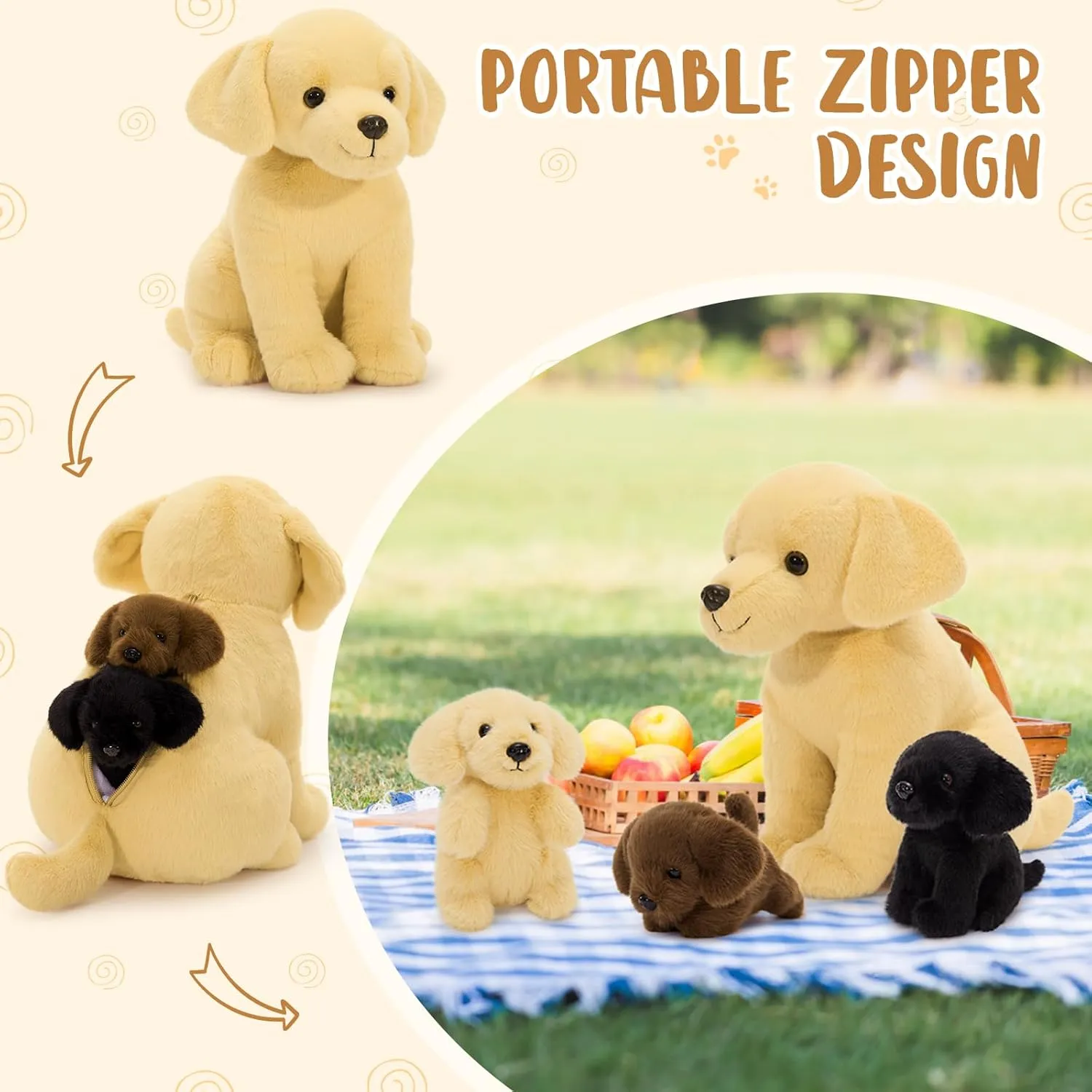 Tezituor Yellow Lab Stuffed Animal with Babies,Big Mommy Stuffed Labrador Dog Plush with 3 Puppy Toys, Realistic Larbrador Retriever Plush Gift for Girl Boy