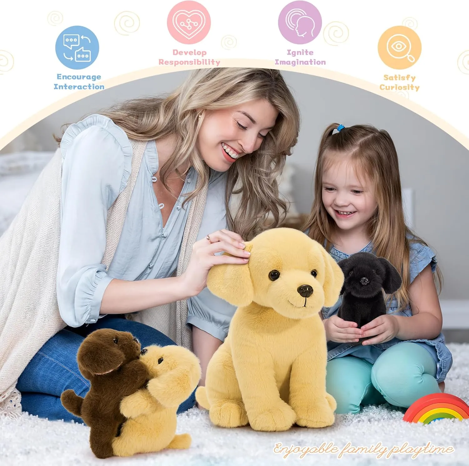 Tezituor Yellow Lab Stuffed Animal with Babies,Big Mommy Stuffed Labrador Dog Plush with 3 Puppy Toys, Realistic Larbrador Retriever Plush Gift for Girl Boy