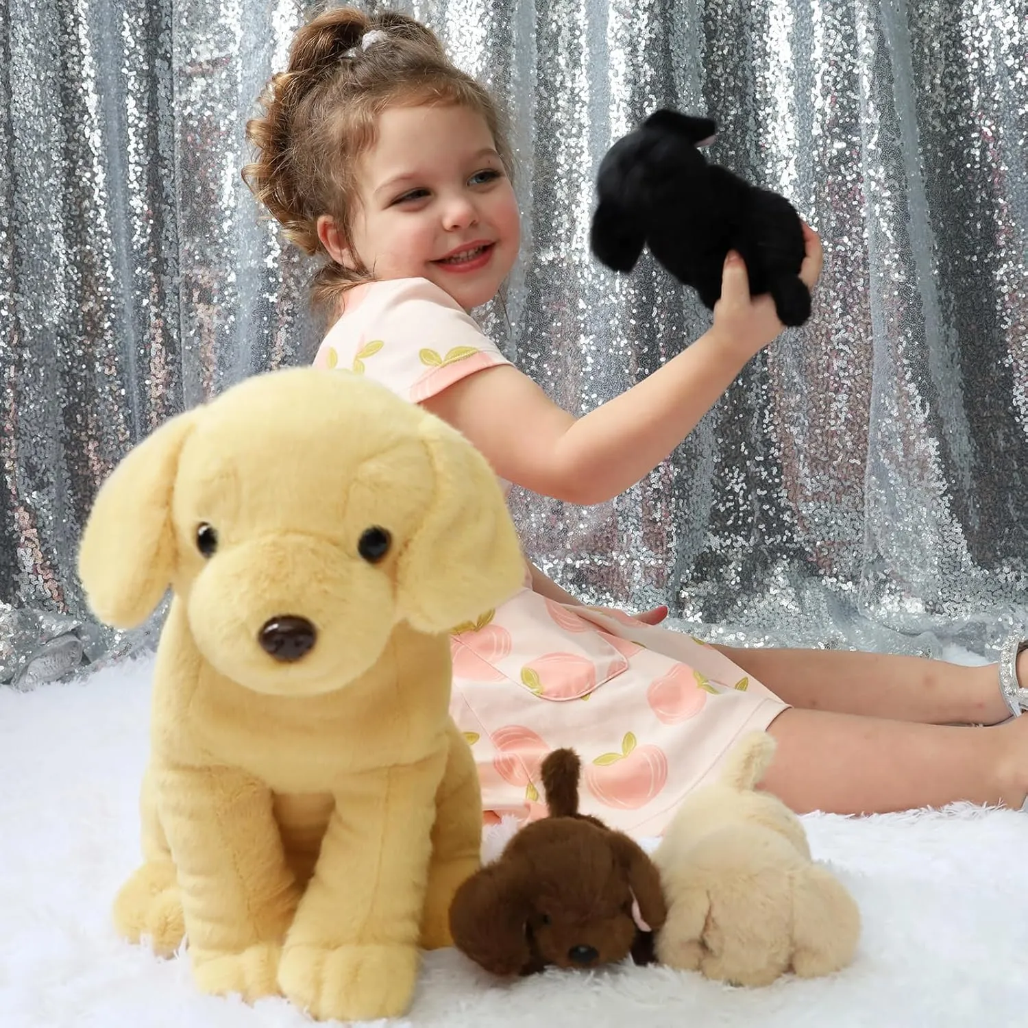 Tezituor Yellow Lab Stuffed Animal with Babies,Big Mommy Stuffed Labrador Dog Plush with 3 Puppy Toys, Realistic Larbrador Retriever Plush Gift for Girl Boy