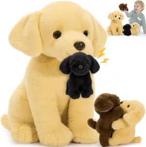 Tezituor Yellow Lab Stuffed Animal with Babies,Big Mommy Stuffed Labrador Dog Plush with 3 Puppy Toys, Realistic Larbrador Retriever Plush Gift for Girl Boy