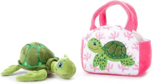 The Petting Zoo Stuffed Animal Plushie and Pet Carrier, Gifts for Girls, Wildlife Animal Plush Toy and Matching Purse Pet Carrier (Sea Turtle)
