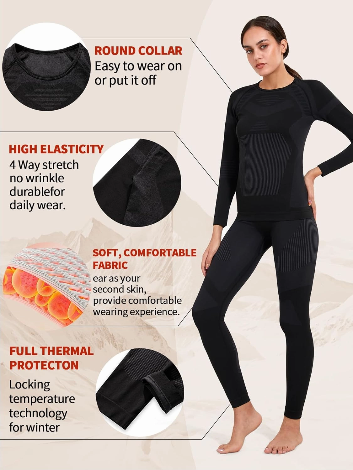 Thermal Underwear Set Womens, Ski Base Layers Set, Quick Dry Thermal Underlayer, Ladies Thermal Clothing & Leggings