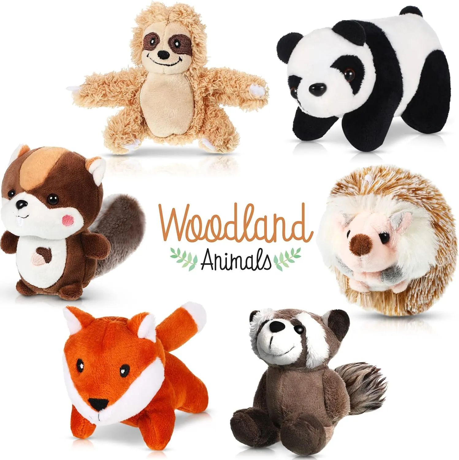 Threan 6 Pcs Woodland Stuffed Animal 4 Inch Small Plush Toy Jungle Forest Safari Stuffed Animals Set, Panda, Raccoon, Sloth, Big Tail Squirrel, Fox, Hedgehog for Kids Student Award