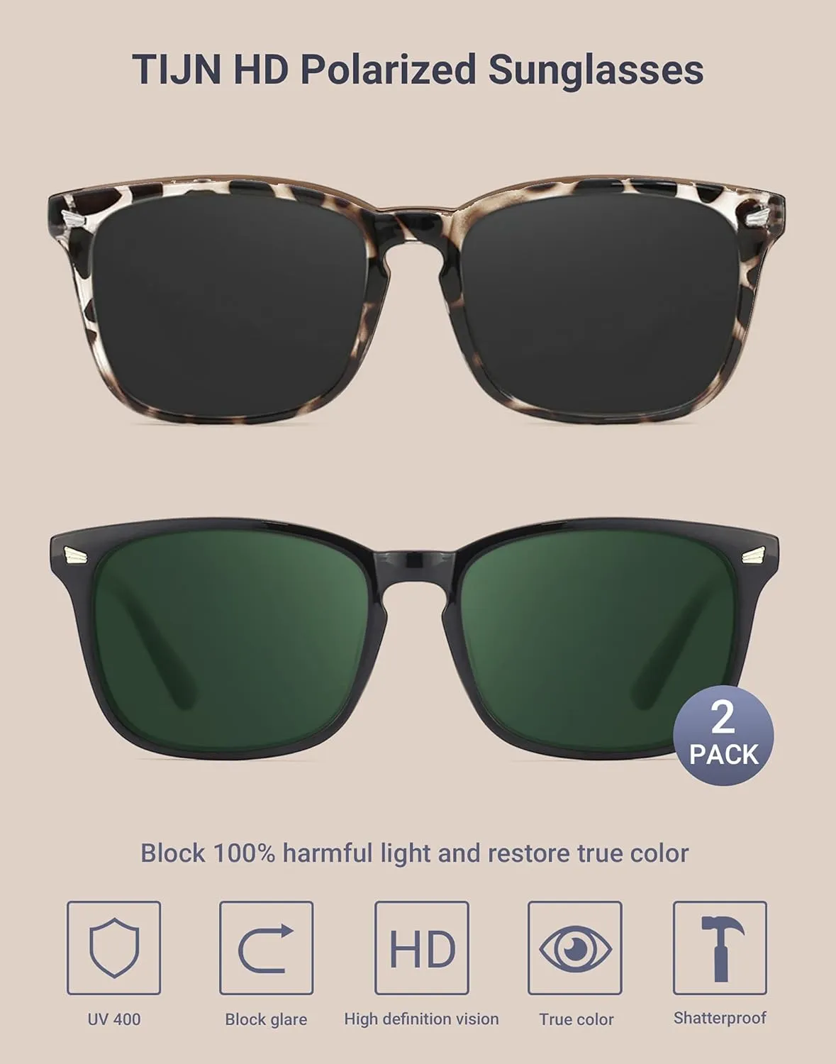 TIJN Polarized Sunglasses for Womens and Mens,Classic Square Frames Shades for UV Protection, Stylish and Trendy Sunnies