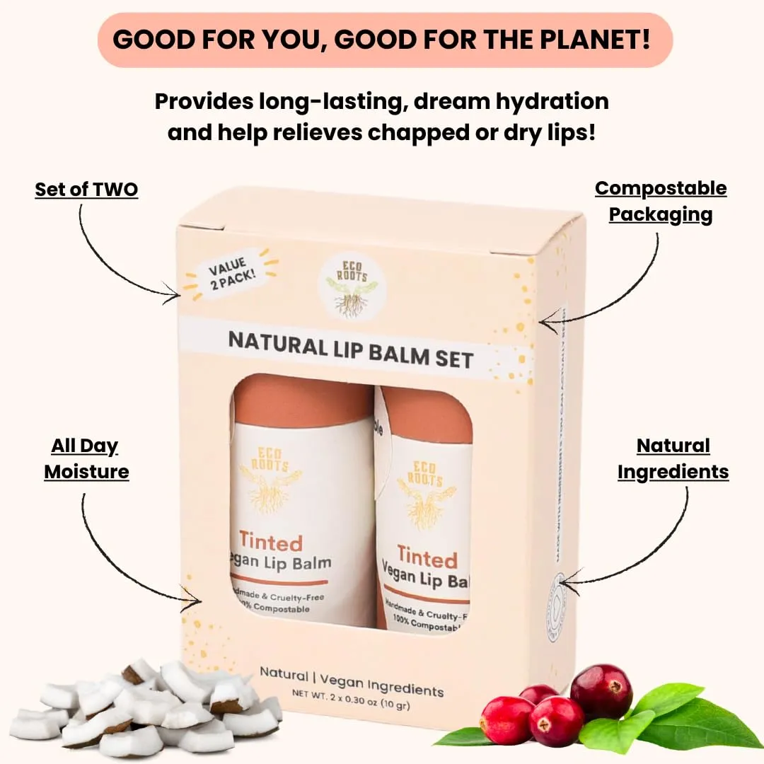 Tinted Lip Balm 2 Pack - Organic and Vegan Lip Moisturizer - Cruelty-Free, Eco-Friendly - Plastic-Free with Compostable Packaging - Made in USA Lip Balm Set