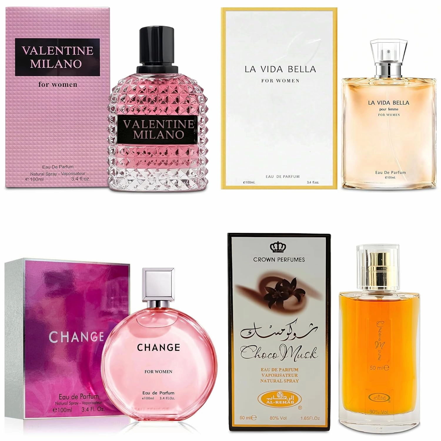 Top Sales 4 Piece Women Perfume Set Choco Musk/Valentine Milano/La Vida Bella/Change Eau de Parfum, Women's Fragrance Sets with Luxury Gift Box for Daily Use