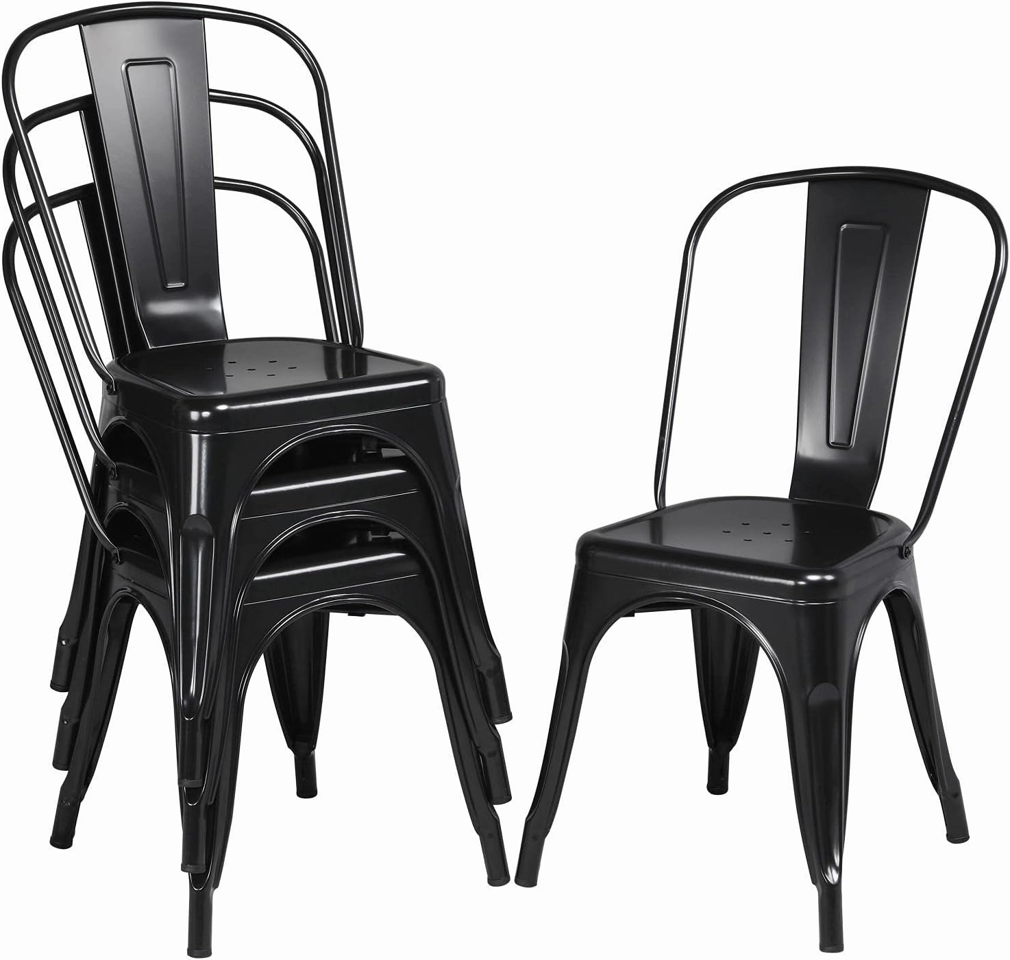 Topeakmart Metal Dining Chairs Set of 4 Black High Back Industrial Chairs Indoor/Outdoor Chic Dining Bistro Cafe Side Barstool Bar Chair Coffee Chair