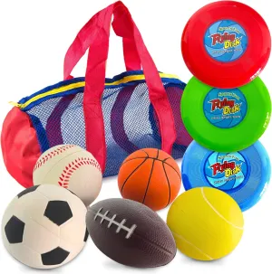 Toysery Foam Sports Balls Toddler Toys Set with Carry Bag - Includes Football, Soccer Ball, Tennis Ball, Basketball, Baseball, Kickball, & 3 Fresbee Discs - Soft Balls for Kids and Toddlers Ages 1-3