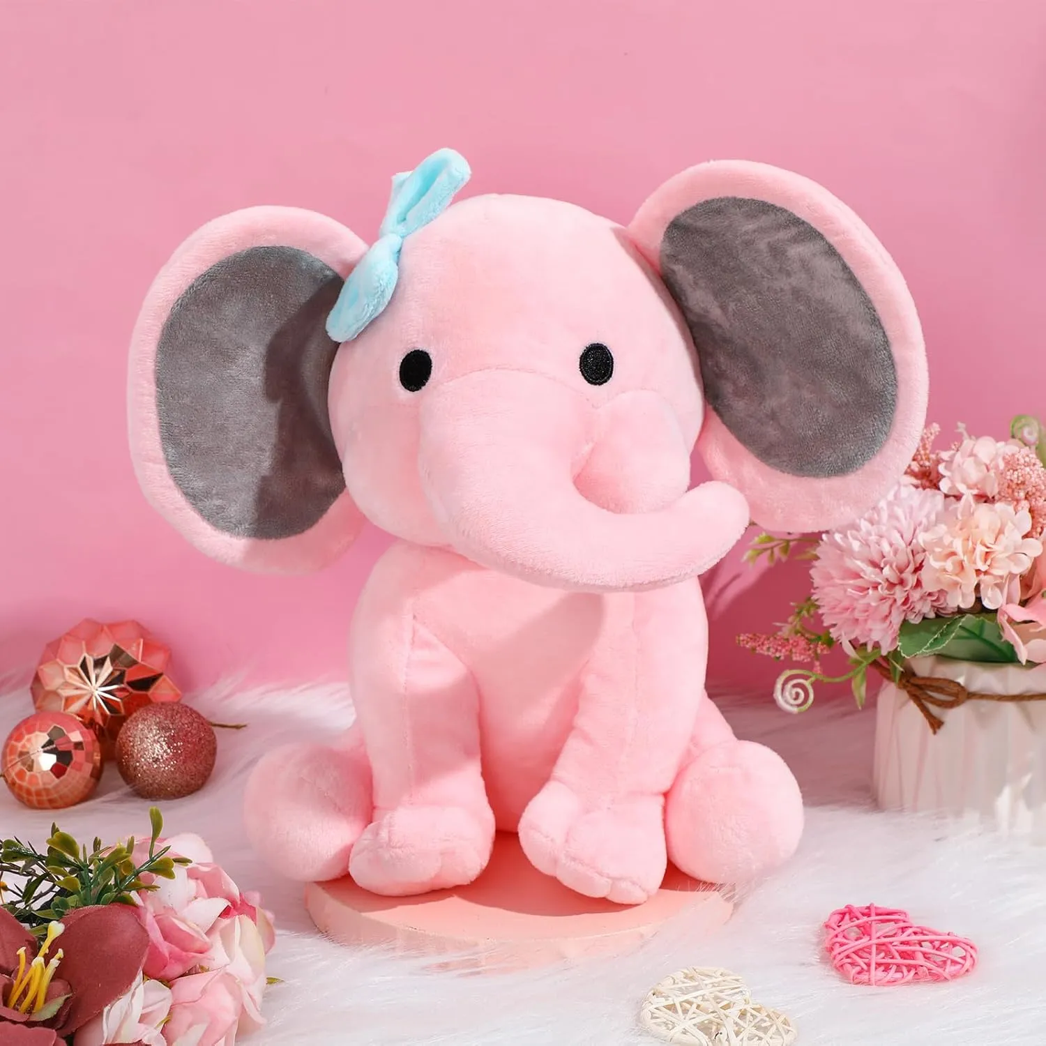 Tradder 12 Pcs Elephant Stuffed Animals 10 Inch Stuff Animal Plush Toy for Baby Shower Cute Soft Elephant Toys for Birth Stats Babies Girls Boys Infant Newborn Party Supplies Graduation Gift(Pink)
