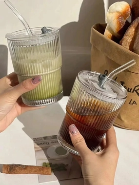 Transparent Stripe Glass Cups - Stackable Drinkware