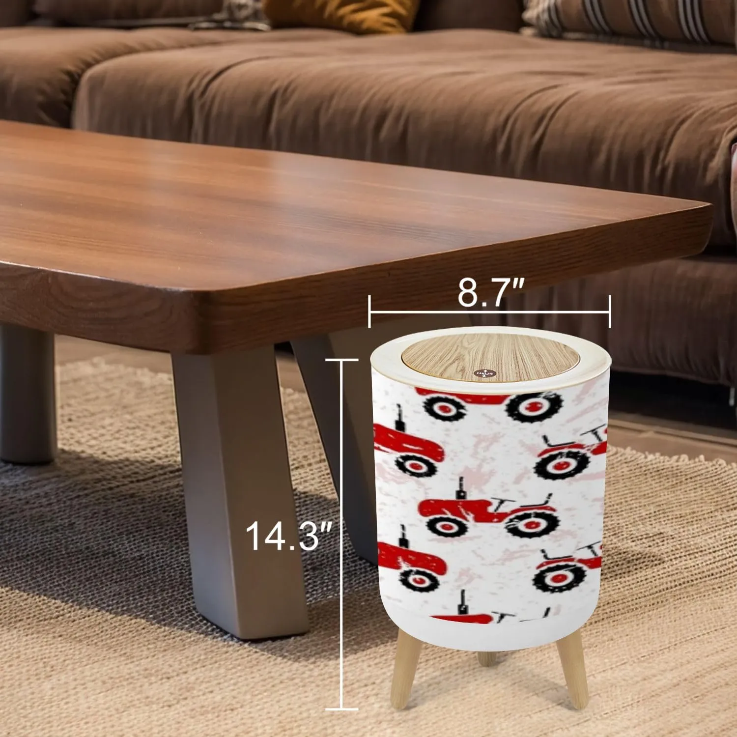 Trash Can with Lid Small red old wheeled tractors white Cute transport seamless pattern Garbage Can Round Waste Bin Press Cover Dog Proof Wastebasket for Bathroom Kitchen Living Room Office 1.8 Gal