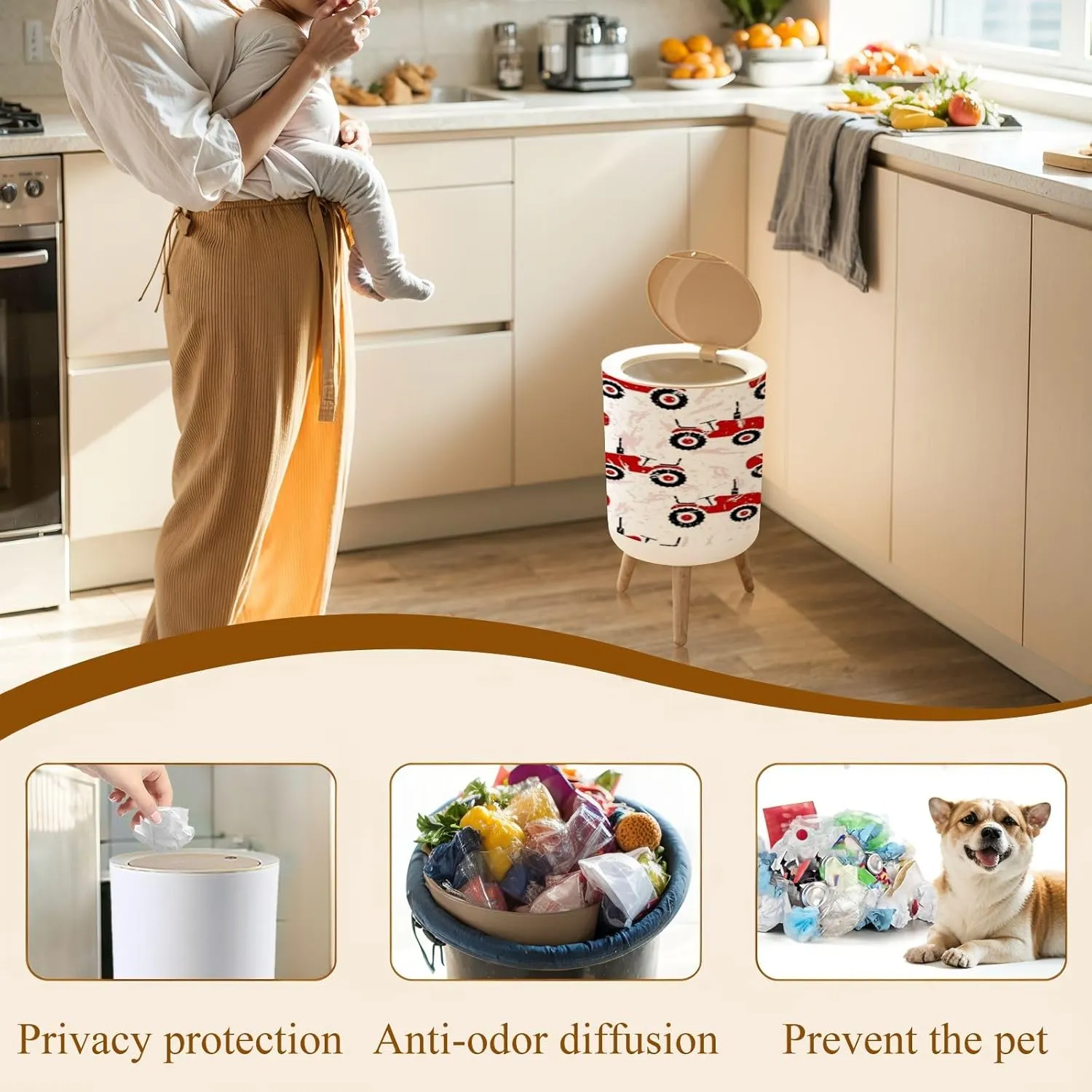Trash Can with Lid Small red old wheeled tractors white Cute transport seamless pattern Garbage Can Round Waste Bin Press Cover Dog Proof Wastebasket for Bathroom Kitchen Living Room Office 1.8 Gal