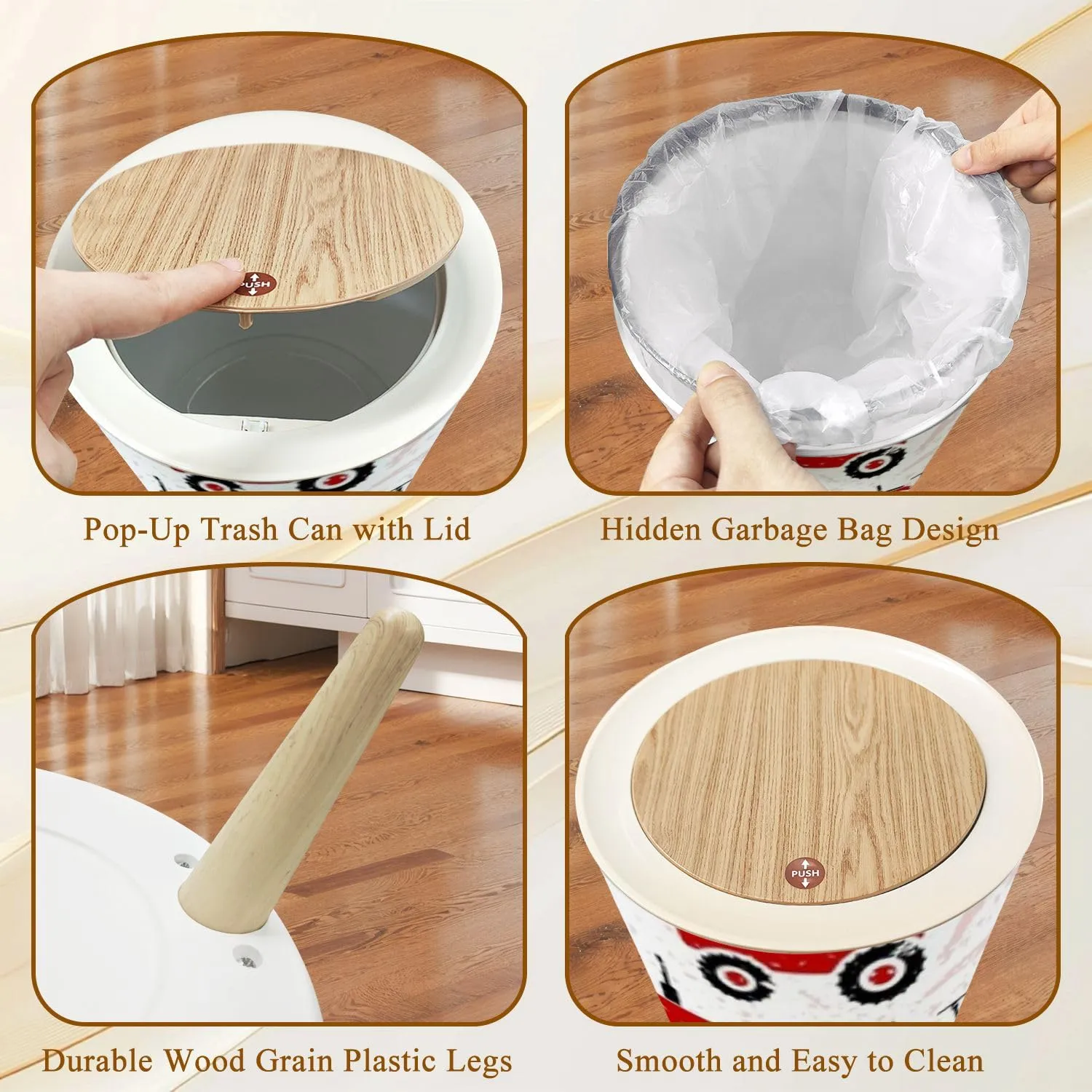 Trash Can with Lid Small red old wheeled tractors white Cute transport seamless pattern Garbage Can Round Waste Bin Press Cover Dog Proof Wastebasket for Bathroom Kitchen Living Room Office 1.8 Gal