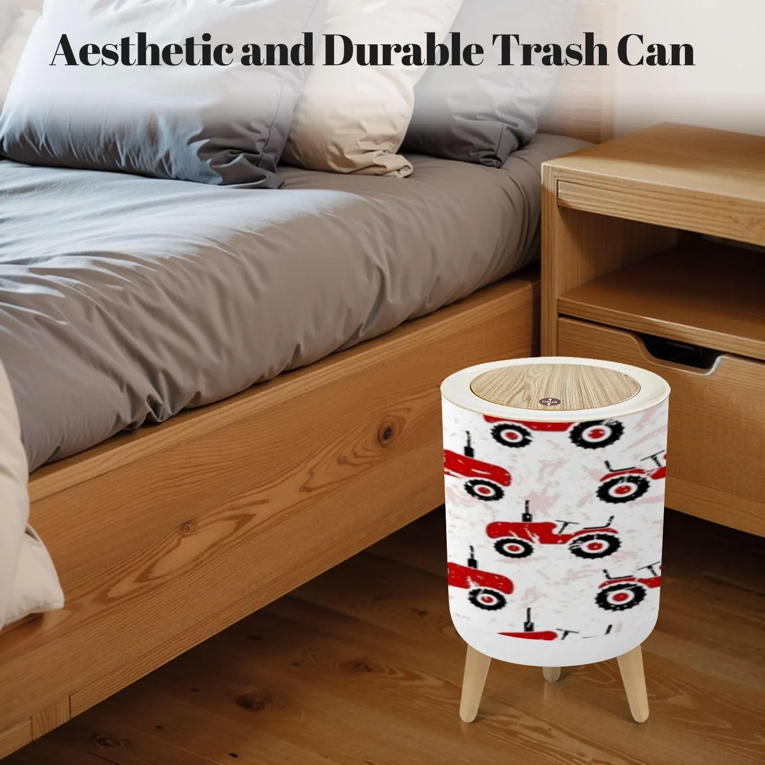 Trash Can with Lid Small red old wheeled tractors white Cute transport seamless pattern Garbage Can Round Waste Bin Press Cover Dog Proof Wastebasket for Bathroom Kitchen Living Room Office 1.8 Gal