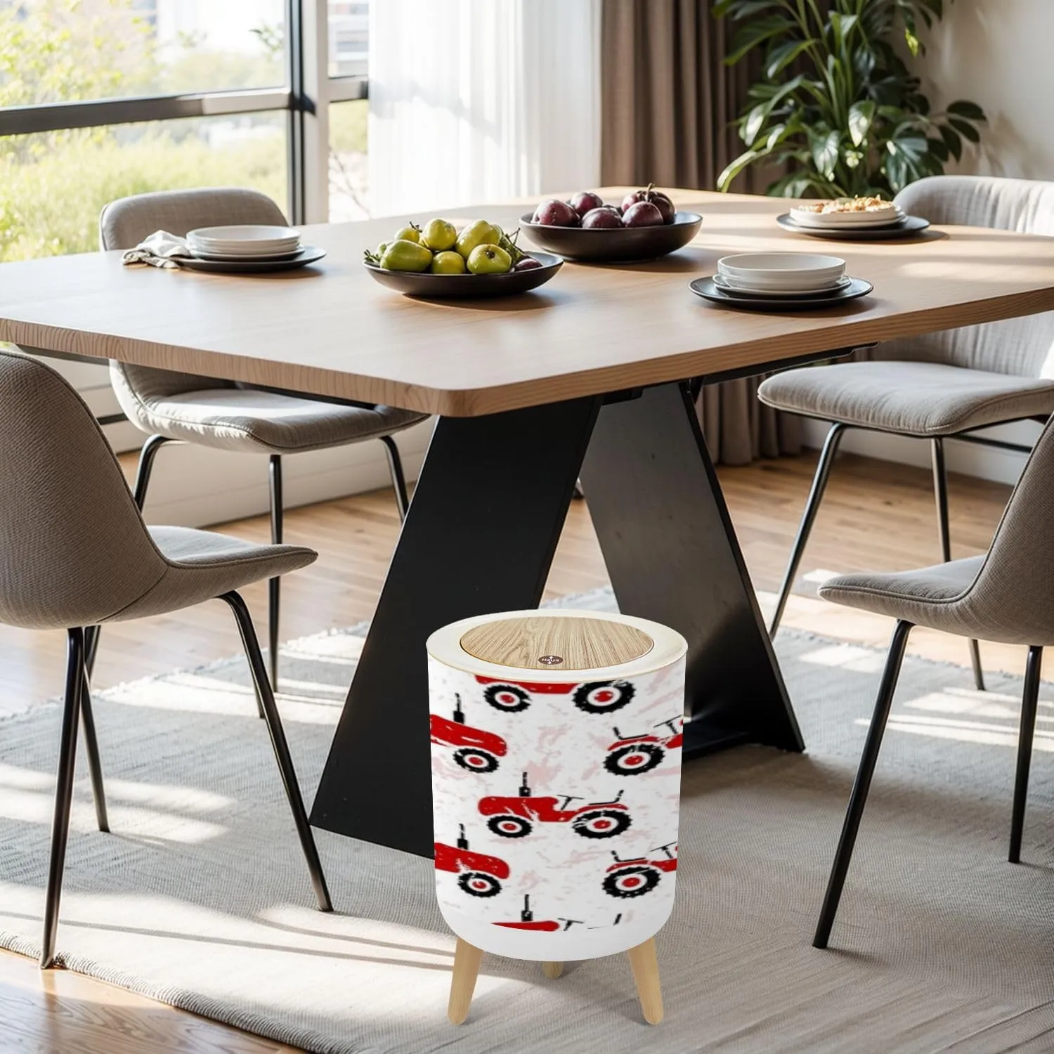 Trash Can with Lid Small red old wheeled tractors white Cute transport seamless pattern Garbage Can Round Waste Bin Press Cover Dog Proof Wastebasket for Bathroom Kitchen Living Room Office 1.8 Gal