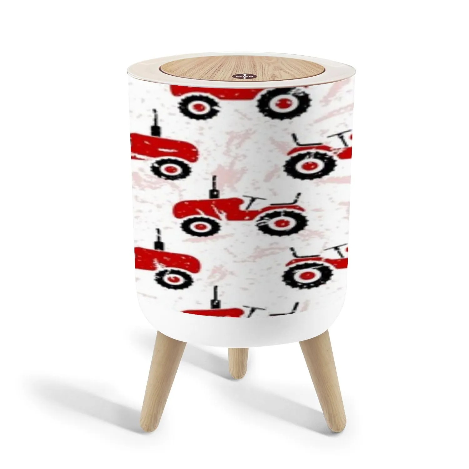 Trash Can with Lid Small red old wheeled tractors white Cute transport seamless pattern Garbage Can Round Waste Bin Press Cover Dog Proof Wastebasket for Bathroom Kitchen Living Room Office 1.8 Gal