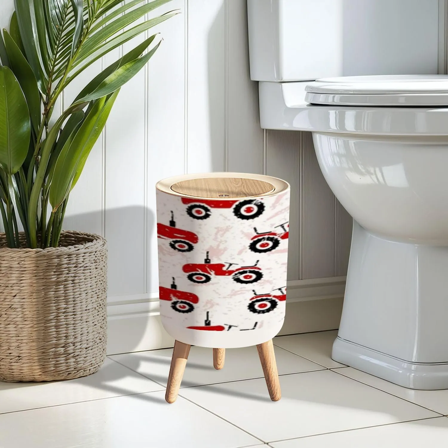 Trash Can with Lid Small red old wheeled tractors white Cute transport seamless pattern Garbage Can Round Waste Bin Press Cover Dog Proof Wastebasket for Bathroom Kitchen Living Room Office 1.8 Gal