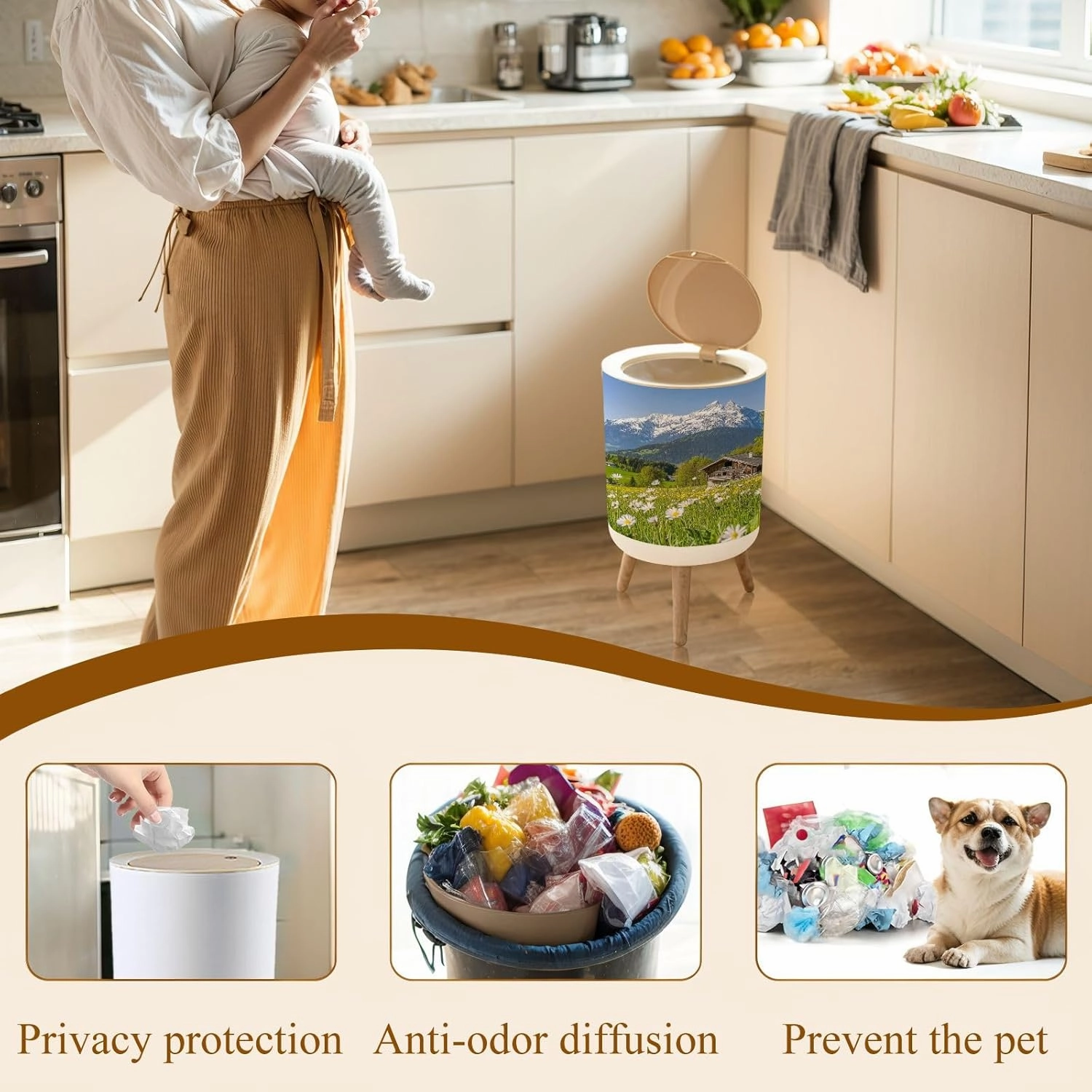Trash Can with Lid Alpine Scenery Mountain Chalet Summer Garbage Can Round Waste Bin Press Cover Dog Proof Wastebasket for Bathroom Kitchen Living Room Office 1.8 Gal