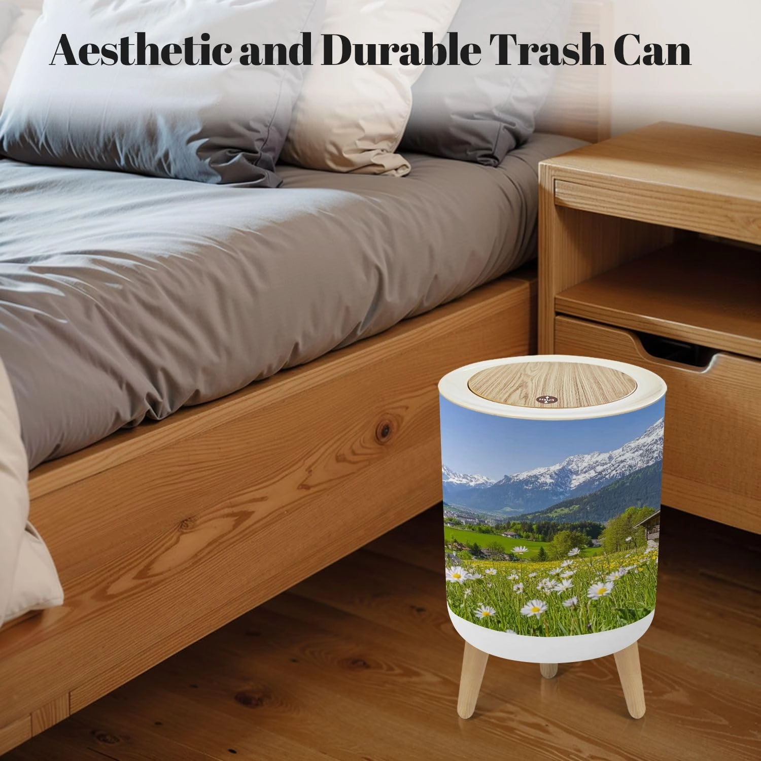 Trash Can with Lid Alpine Scenery Mountain Chalet Summer Garbage Can Round Waste Bin Press Cover Dog Proof Wastebasket for Bathroom Kitchen Living Room Office 1.8 Gal