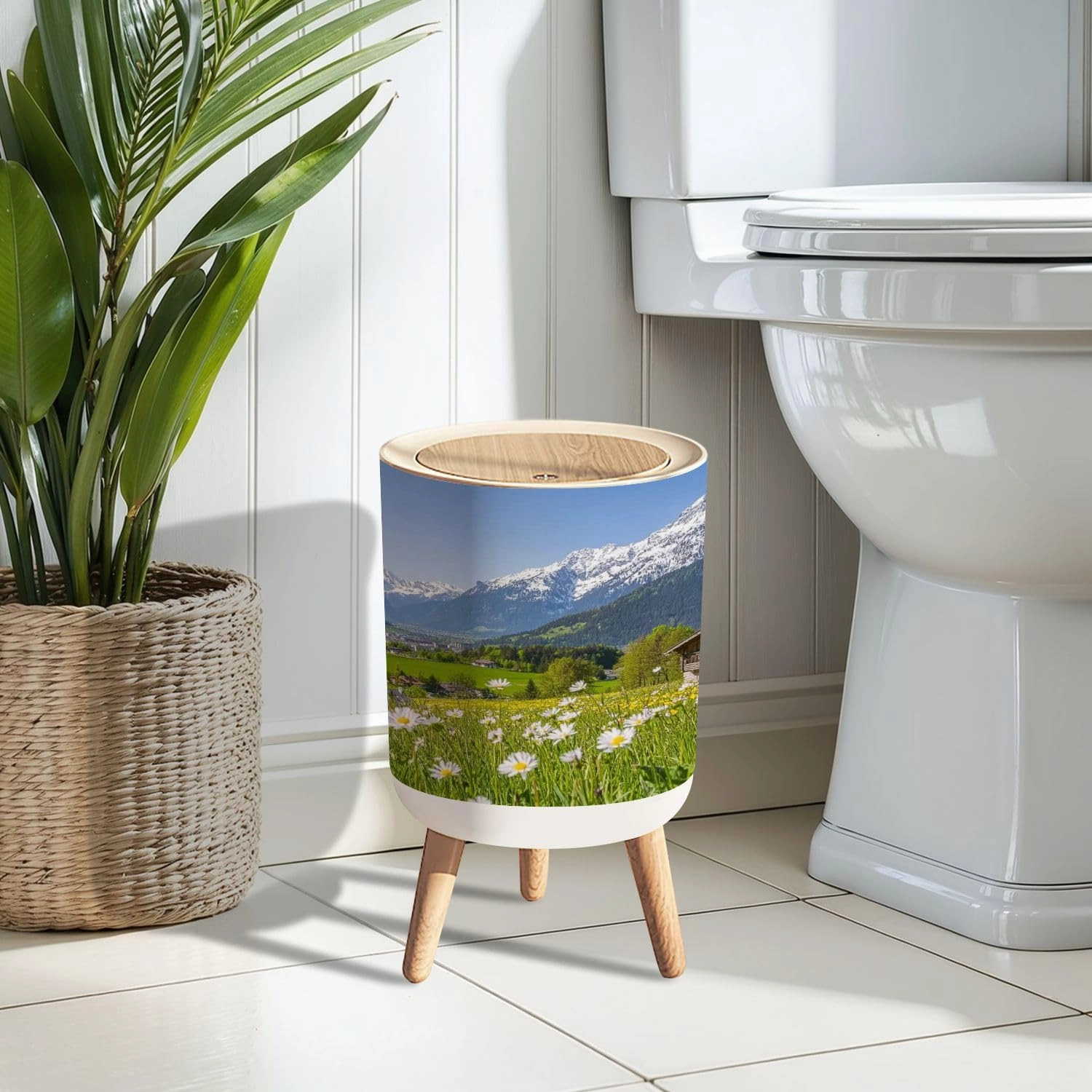 Trash Can with Lid Alpine Scenery Mountain Chalet Summer Garbage Can Round Waste Bin Press Cover Dog Proof Wastebasket for Bathroom Kitchen Living Room Office 1.8 Gal