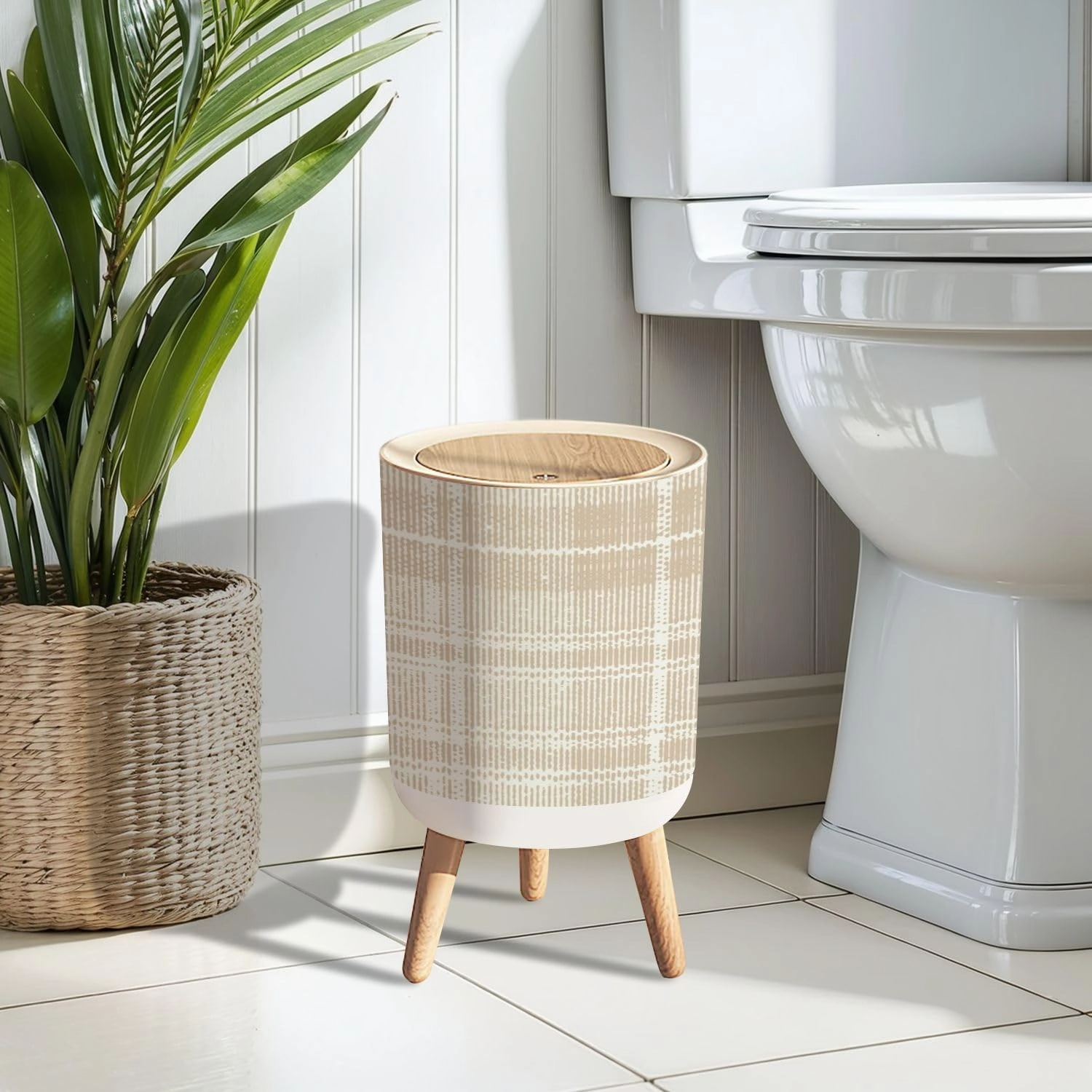 Trash Can with Lid Camel beige trend seamless lines plaid washed texture seamless design Garbage Can Round Waste Bin Press Cover Dog Proof Wastebasket for Bathroom Kitchen Living Room Office 1.8 Gal